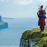 Buy canvas prints of A traditional Scottish bagpiper, in full dress, near a cliff. by Joaquin Corbalan