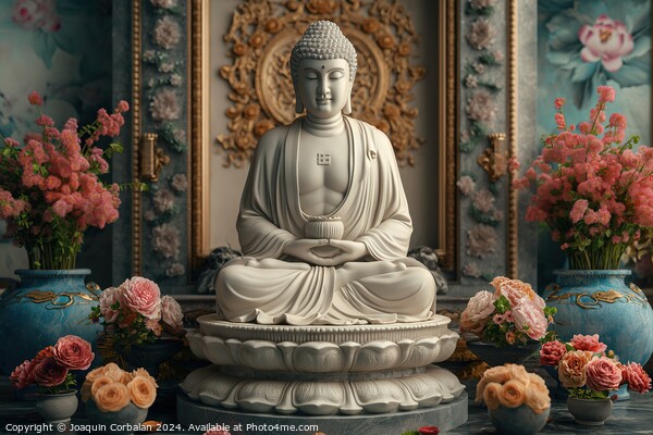 Buddha statue in white marble, with flower offerings around it. Picture Board by Joaquin Corbalan