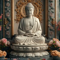 Buy canvas prints of Buddha statue in white marble, with flower offerings around it. by Joaquin Corbalan