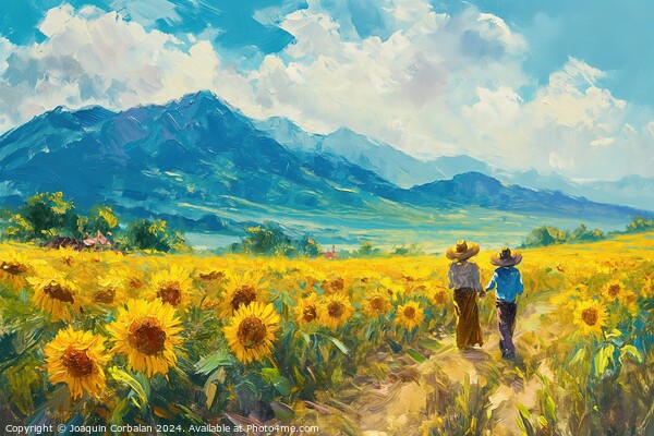 Two farmers walking through a field of sunflowers. Picture Board by Joaquin Corbalan