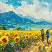 Buy canvas prints of Two farmers walking through a field of sunflowers. by Joaquin Corbalan