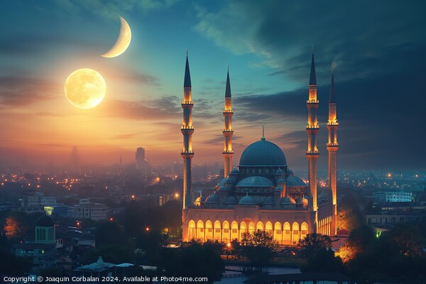 A stunning photo of a mosque bathed in light at night, with the moon shining in the background. Picture Board by Joaquin Corbalan