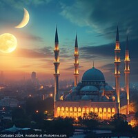 Buy canvas prints of A stunning photo of a mosque bathed in light at night, with the moon shining in the background. by Joaquin Corbalan