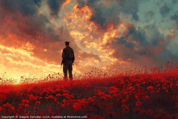 A man stands in a field filled with vibrant red flowers. Picture Board by Joaquin Corbalan
