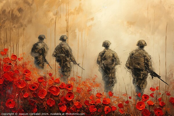 A painting depicting soldiers in a field of poppies, symbolizing patriotism and the memory of international military efforts. Picture Board by Joaquin Corbalan