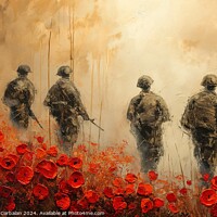 Buy canvas prints of A painting depicting soldiers in a field of poppies, symbolizing patriotism and the memory of international military efforts. by Joaquin Corbalan