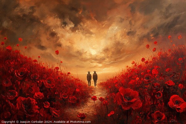 A painting capturing the image of two individuals walking through a vibrant field filled with red flowers. Picture Board by Joaquin Corbalan