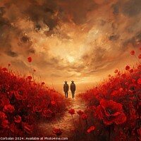 Buy canvas prints of A painting capturing the image of two individuals walking through a vibrant field filled with red flowers. by Joaquin Corbalan