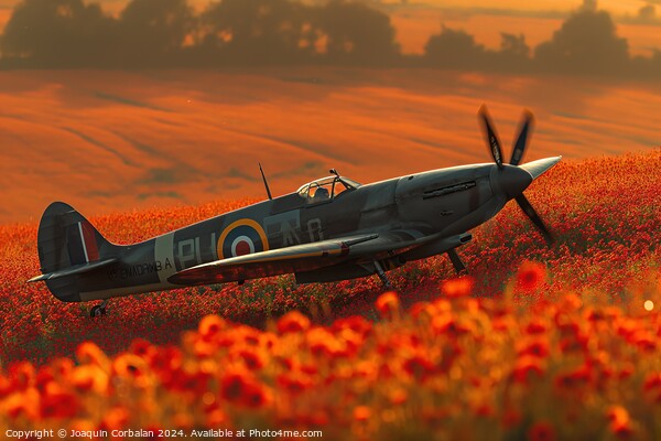 Classic spitfire aircraft, perched in a field of red poppies celebrating the Battle of Britain Memorial Picture Board by Joaquin Corbalan