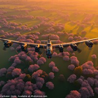 Buy canvas prints of Avro Lancaster type heavy bomber, flying over the English countryside at dusk. by Joaquin Corbalan