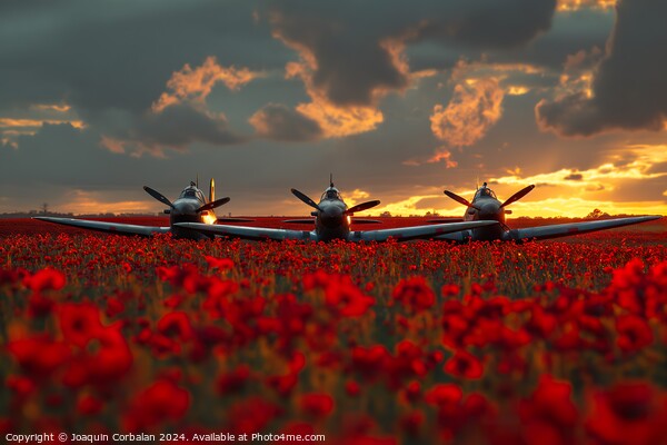 Two classic airplanes from the Battle of Britain Memorial sitting in a field filled with vibrant poppy Picture Board by Joaquin Corbalan