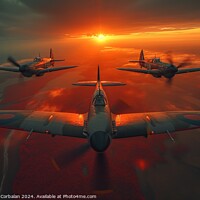 Buy canvas prints of A group of three classic aircraft, reminiscent of The Battle of Britain, flying in formation against a backdrop of cloudy skies. by Joaquin Corbalan
