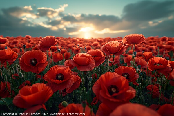 A field filled with poppy red flowers stands beneath a cloudy sky, creating a striking and vivid scene. Picture Board by Joaquin Corbalan