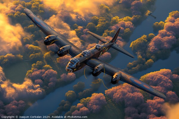 A painting depicting the Lancaster and Spitfires from the Royal Air Force flying in the sky. Picture Board by Joaquin Corbalan