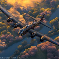 Buy canvas prints of A painting depicting the Lancaster and Spitfires from the Royal Air Force flying in the sky. by Joaquin Corbalan