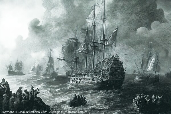 An old engraving depicting ships sailing in the ocean as people observe. Picture Board by Joaquin Corbalan
