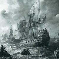 Buy canvas prints of An old engraving depicting ships sailing in the ocean as people observe. by Joaquin Corbalan