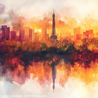 Buy canvas prints of A watercolor painting depicting the skyline of Paris, France, with a lake positioned in front of it. by Joaquin Corbalan
