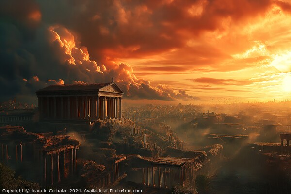 A vividly colored painting of Ancient Roma, captures a breathtaking sunset, casting warm hues over a cityscape below. Picture Board by Joaquin Corbalan
