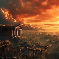 Buy canvas prints of A vividly colored painting of Ancient Roma, captures a breathtaking sunset, casting warm hues over a cityscape below. by Joaquin Corbalan