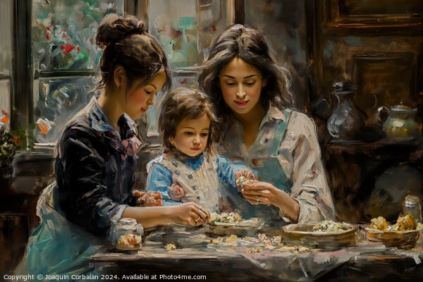 A painting depicting two women and a child engaged in an activity at a table. Picture Board by Joaquin Corbalan