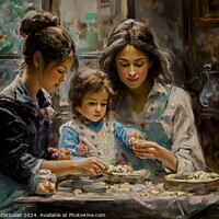 Buy canvas prints of A painting depicting two women and a child engaged in an activity at a table. by Joaquin Corbalan
