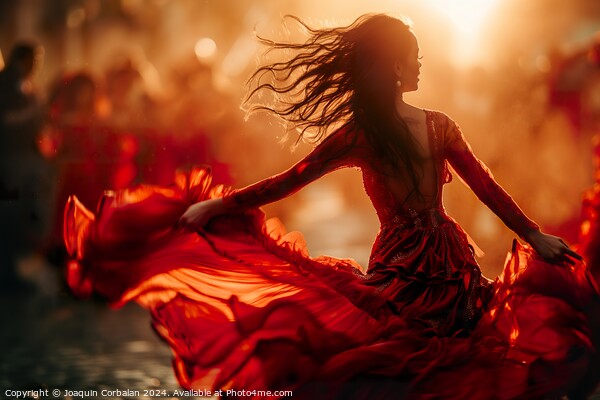 A woman in a vibrant red dress is performing a flamenco dance with raw and stylized movements. Picture Board by Joaquin Corbalan