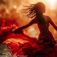 Buy canvas prints of A woman in a vibrant red dress is performing a flamenco dance with raw and stylized movements. by Joaquin Corbalan