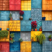 Buy canvas prints of A vibrant multicolored wall adorned with various potted plants. by Joaquin Corbalan