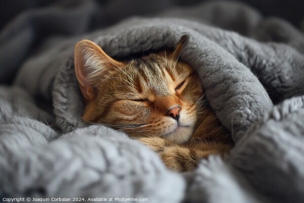 A contented cat peacefully sleeps on top of a warm blanket placed on a comfortable bed. Picture Board by Joaquin Corbalan