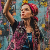 Buy canvas prints of a painting of a woman proudly wearing a bandana. The image depicts a symbol of strength and empowerment within the context of the spring feminism by Joaquin Corbalan