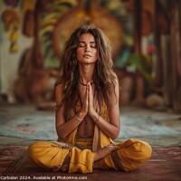 Buy canvas prints of A photograph capturing a woman dressed in a yellow outfit, deep in meditation, inside a room with serene ambiance. by Joaquin Corbalan