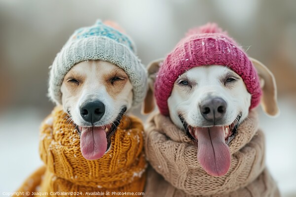Two greyhound dogs, wearing knitted hats and scarves, enjoying the snow. Picture Board by Joaquin Corbalan