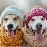 Buy canvas prints of Two greyhound dogs, wearing knitted hats and scarves, enjoying the snow. by Joaquin Corbalan