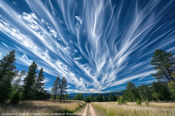 A dirt road runs through the middle of a vast field under a sky with cloud trails, creating a simple and rustic rural scene. Picture Board by Joaquin Corbalan