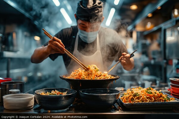 A man is seen in a kitchen using chopsticks to prepare food, possibly Japanese ramen. He is focused on the task at hand. Picture Board by Joaquin Corbalan