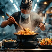 Buy canvas prints of A man is seen in a kitchen using chopsticks to prepare food, possibly Japanese ramen. He is focused on the task at hand. by Joaquin Corbalan