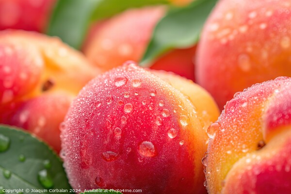 A detailed view capturing the water droplets on a bunch of peaches, highlighting their vibrant colors and juicy texture. Picture Board by Joaquin Corbalan