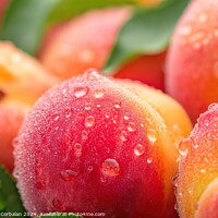Buy canvas prints of A detailed view capturing the water droplets on a bunch of peaches, highlighting their vibrant colors and juicy texture. by Joaquin Corbalan