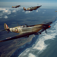 Buy canvas prints of A group of Hawker Hurricane and Supermarine Spitfire fighter jets soaring over the white-capped ocean. by Joaquin Corbalan