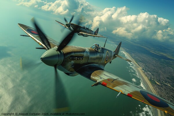 Military aircraft, Hawker Hurricane and Supermarine Spitfire, soar above the white cliffs along a body of water. Picture Board by Joaquin Corbalan