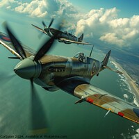 Buy canvas prints of Military aircraft, Hawker Hurricane and Supermarine Spitfire, soar above the white cliffs along a body of water. by Joaquin Corbalan