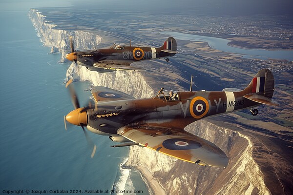 Hawker Hurricane and Supermarine Spitfire planes flying over ocean near cliff. Picture Board by Joaquin Corbalan