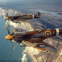 Buy canvas prints of Hawker Hurricane and Supermarine Spitfire planes flying over ocean near cliff. by Joaquin Corbalan