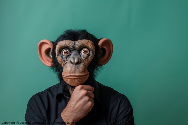 A man wearing a monkey mask with his hand on his chin on a green background. Picture Board by Joaquin Corbalan