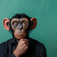 Buy canvas prints of A man wearing a monkey mask with his hand on his chin on a green background. by Joaquin Corbalan