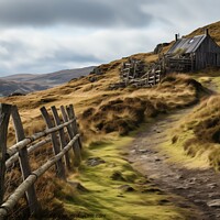 Buy canvas prints of A wooden fence stands on a grassy hillside in the Scottish countryside. by Joaquin Corbalan