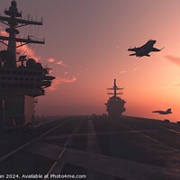 Buy canvas prints of A squadron of planes flying in perfect formation over a massive military aircraft carrier on the open sea. by Joaquin Corbalan