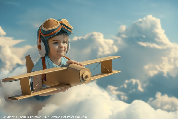 A small boy soars through the sky in a paper airplane. Picture Board by Joaquin Corbalan