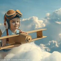 Buy canvas prints of A small boy soars through the sky in a paper airplane. by Joaquin Corbalan